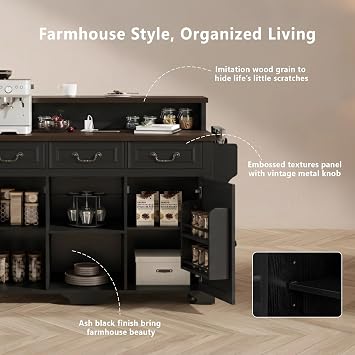 53.2 Farmhouse Kitchen Island Cart with Two-Tier and Power Outlet | Large Rolling Kitchen Island with Storage, 4 Door Shelves, Adjustable Shelves, 3 Drawers for Dining Room, Black