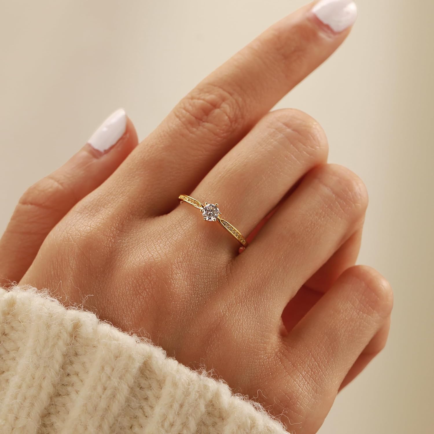 SUYACS 1ct Diamond Cut Cubic Zirconia Engagement Rings for Women 925 Sterling Silver Gold Round Cut Moissanite Promise Ring Classic Eternity Brides Wedding Rings Jewelry Gifts for Her Wife - Image 3