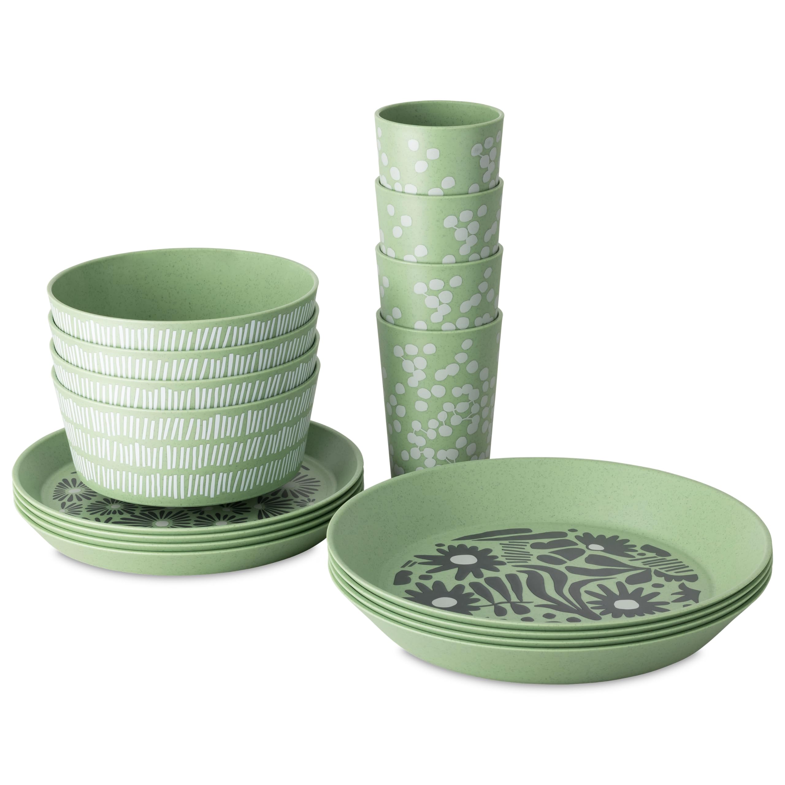 Koziol BLOMSTER SET Geschirrset | 16 Teile, florales Dekor, bruchfest, stapelbar | biozirkulärer Kunststoff, spülmaschinengeeignet, melaminfrei | Camping, Picknick, Party (nature leaf green)