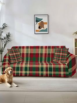 Autumn Plaid Sofa Couch Covers for 1 Seat Cushion, Single Sofa Slipcovers with Tassels for Armchair/Dogs, Red Green Tartan Gingham Farmhouse Checkered Couch Blanket Towel Furniture Protector 71x91