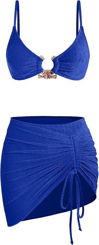 Ruched 3 Piece Swimsuits for Women Ribbed Velvet Bikini Sets with Sarong Coverup Metal Ring Bathing Suit
