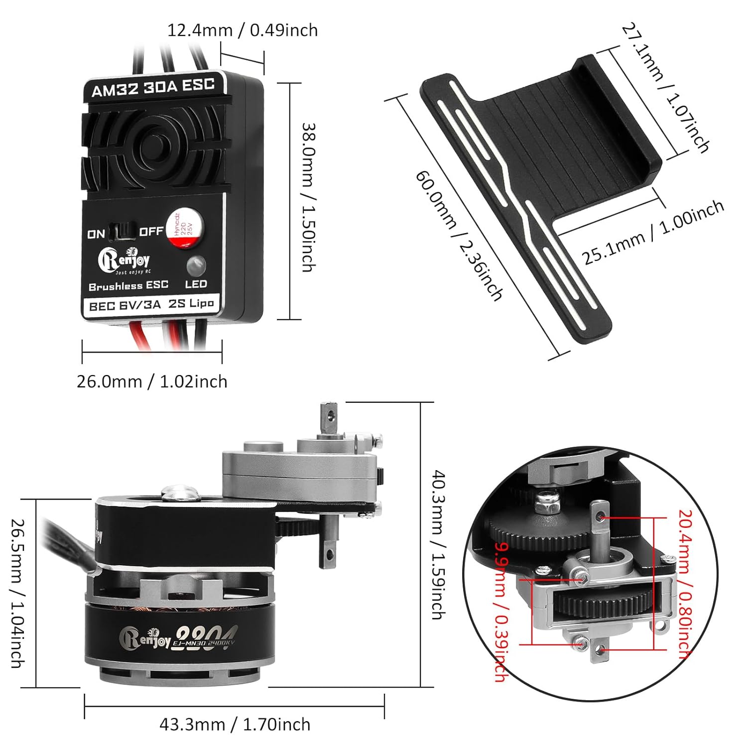 2204 2400KV Brushless Outrunner Motor with Transmission & 30A Brushless ESC Electric Speed Controller and RC Side Pedal Plates for Axial SCX24 1/24 Remote Control Car Crawler Truck (Titanium)