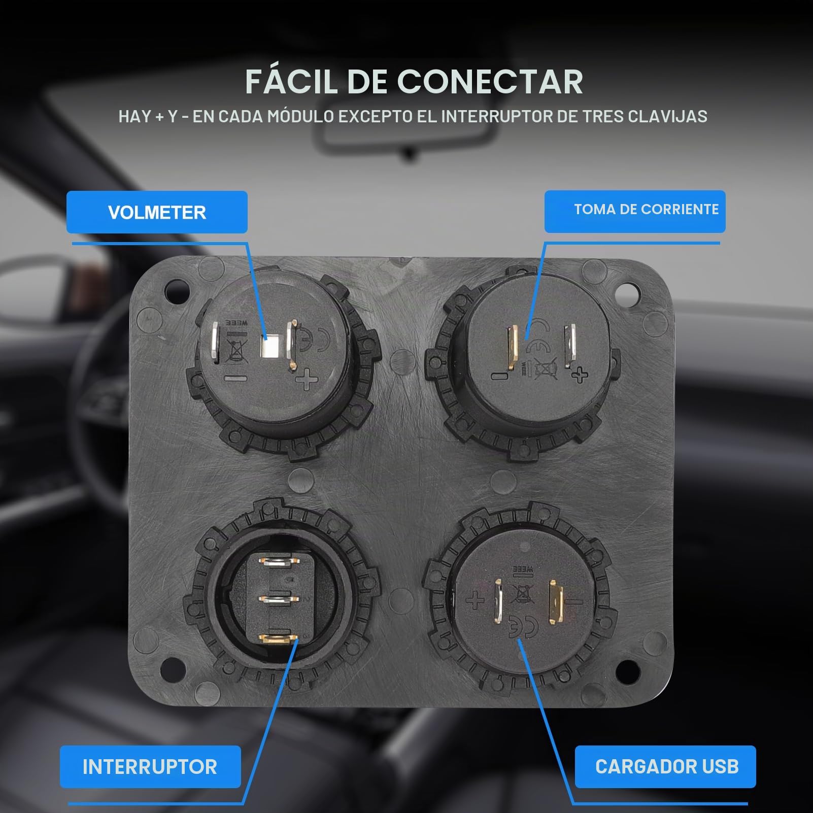 4 en 1 Panel de Enchufes Adaptador USB Dual Voltímetro Azul | Universal Adaptador para Cargador Dual, Encendedor de Cigarrillos, uso Coche Camión Barco Marino