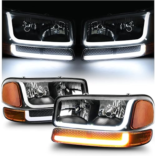 M-AUTO Headlights Assembly w/ 2 Pair PRE-ASSEMBLED 6000K LED BULBS Compatible with 07-13 Chevy Silverado 1500/07-14 Silverado 2500 3500 & HD Models, Black Headlamps w/Switchback LED Strip DRL