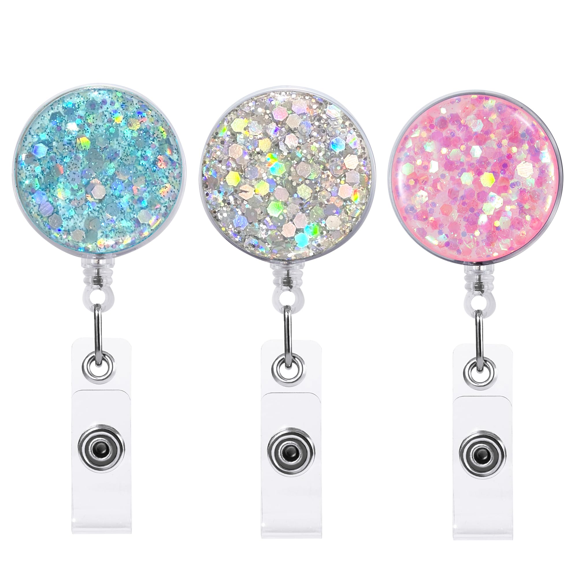3 Pack Retractable Badge Holder, FadyRaye Lightweight Plastic Badge Reel with Alligator Clip for Nurse Teacher Name Card Keychain [Bling Cute Design
