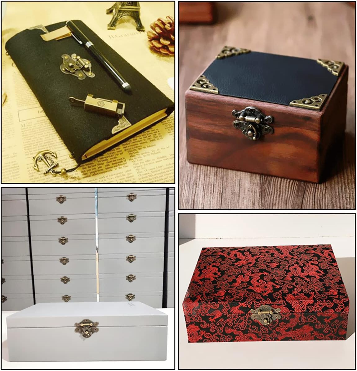 EAEDMY 36 Sets Retro Jewelry Box Hinges and Latches Hardware, Small Bronze Brass Latch Hinges for Wooden Jewelry Box and Decorative Cabinet, with Matching Screws Kit(Catch*12 + Hinges*24) (36)