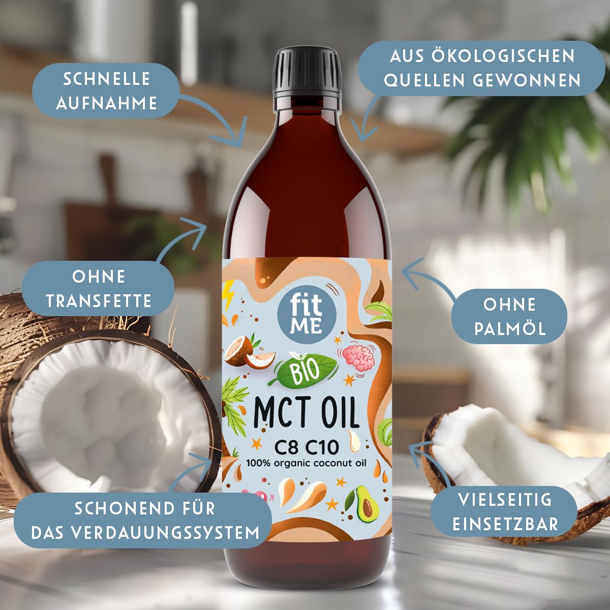 fitME MCT Öl auf Kokosölbasis 500 ml, BIO MCT-Oil mit C8 & C10 Fettsäuren, 60% Caprylsäure & 40% Caprinsäure, für Keto-Diät, Geschmacksneutral für Kaffee, Smoothies, Shakes & Dressings, ohne Pumpe