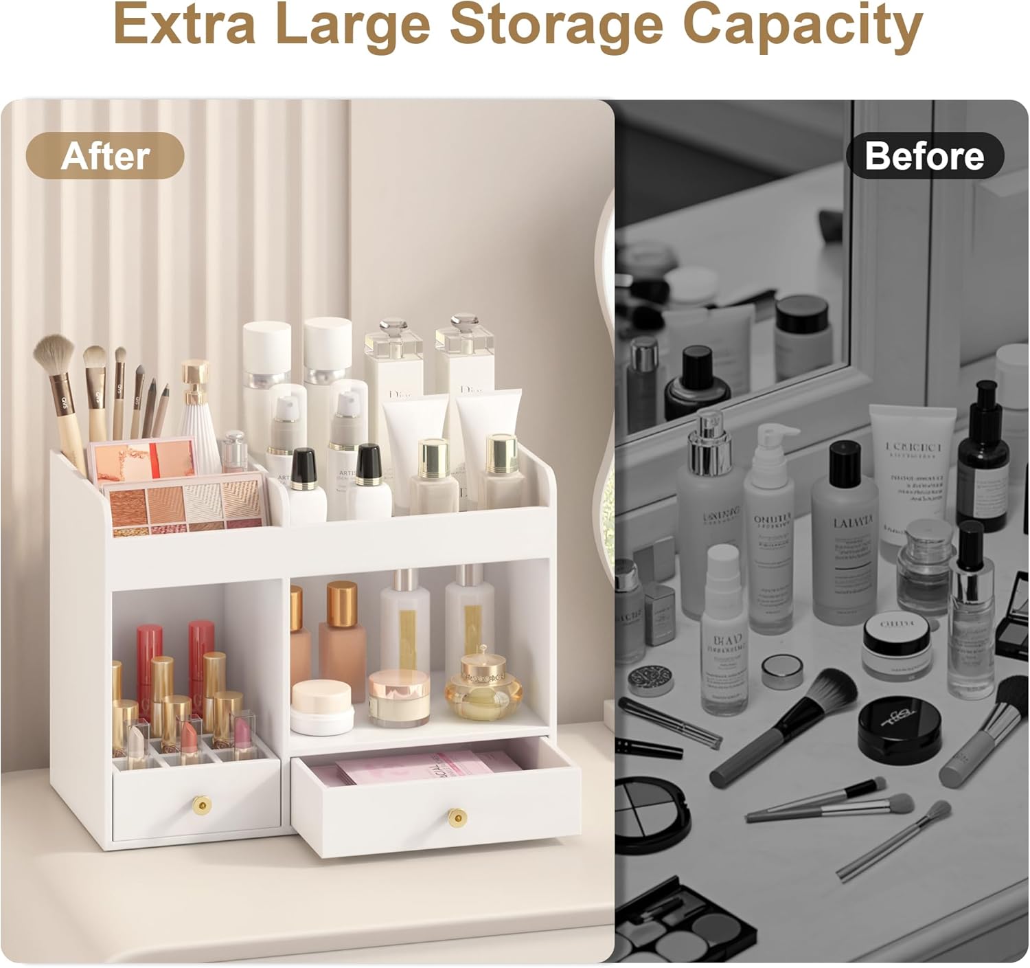 Makeup Organizer with Drawers, Bamboo Countertop Cosmetic Storage for Dresser Vanity Organizer Beauty Desk Skincare Holders Container Make Up Organizing for Lipstick