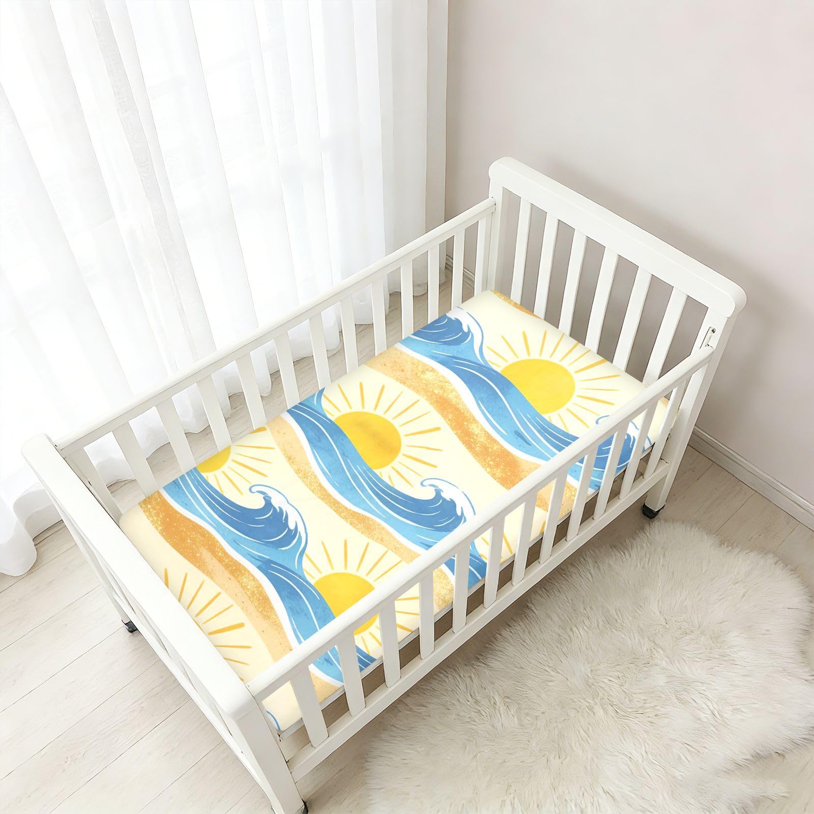 Waves Sun Summer Beach - Sábanas para cuna de bebé, niños y niñas, de algodón, suaves, elásticas, unisex, para cuna, 1 paquete de decoración para cuna de cuna de bebé