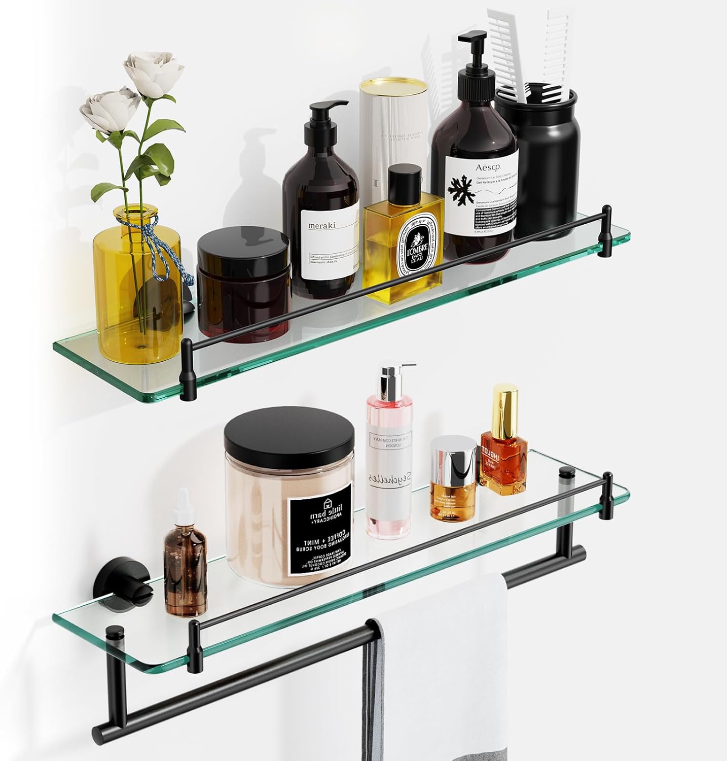 Amazon.com: KOCOK Bathroom Shelf Glass Shelf 2 Pack,20-Inch Floating Glass Shelves Towel Bar ...