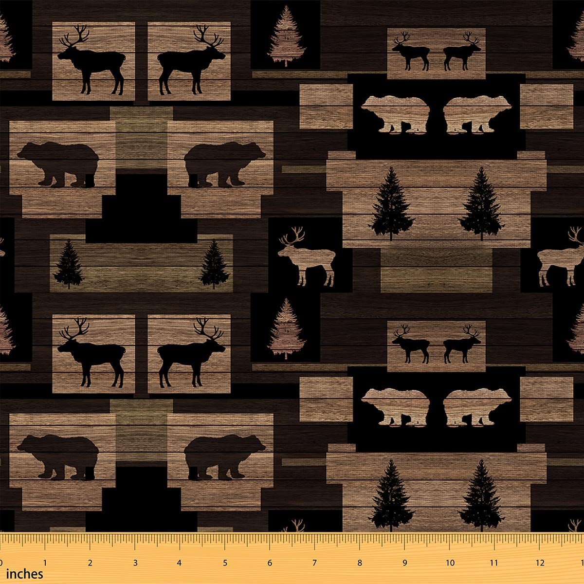 Deer Fabric by The Yard, Camper Upholstery Fabric, Elk Bear Tree Lattice Decor Fabric, Wildlife Moose Indoor Outdoor Fabric, Christmas Animal Woodland DIY Art Waterproof Fabric, Brown Black, 1 Yard
