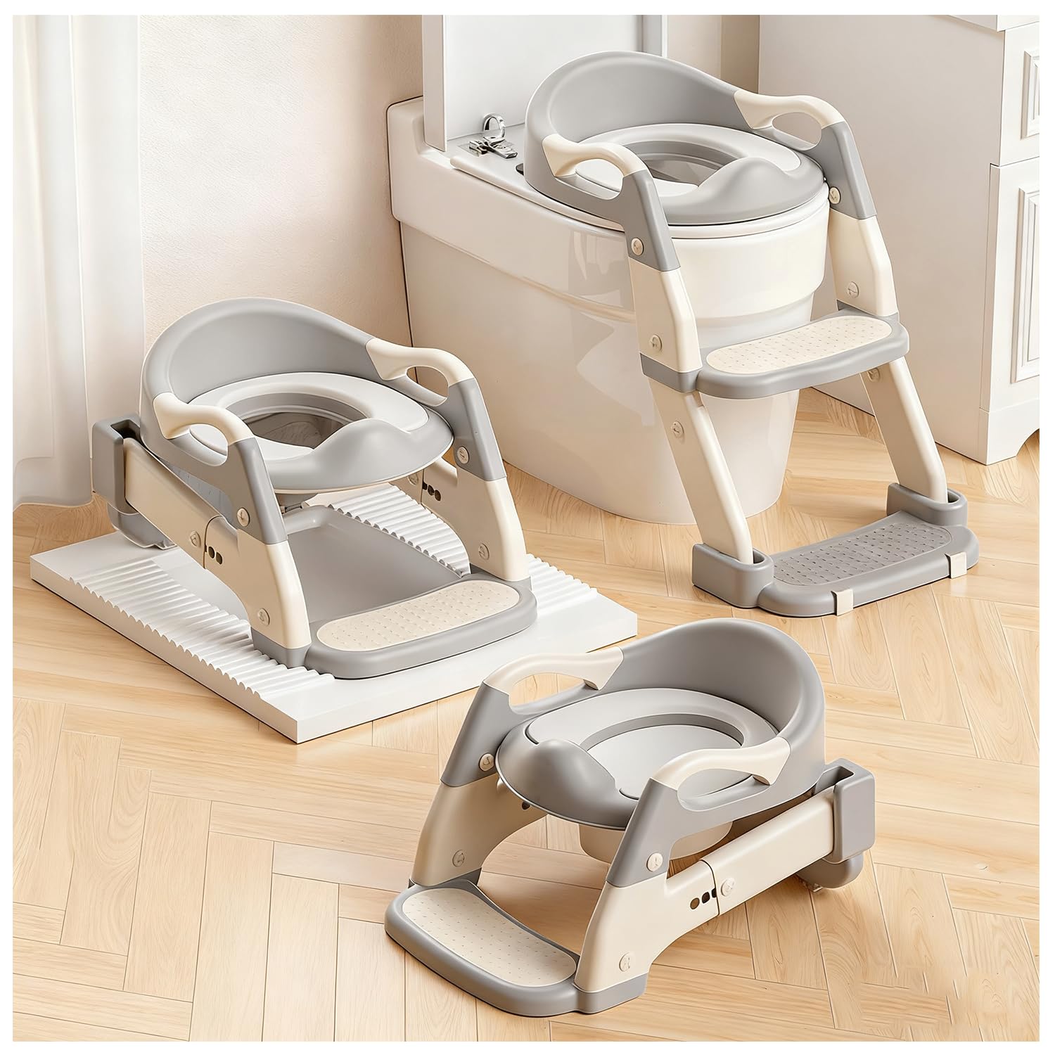 Photo 1 of Snugzy Toddler Potty Training Seat 3-in-1 Foldable Potty Training Toilet with Step Stool Adjustable Potty Chair with Urinals (Grey)
