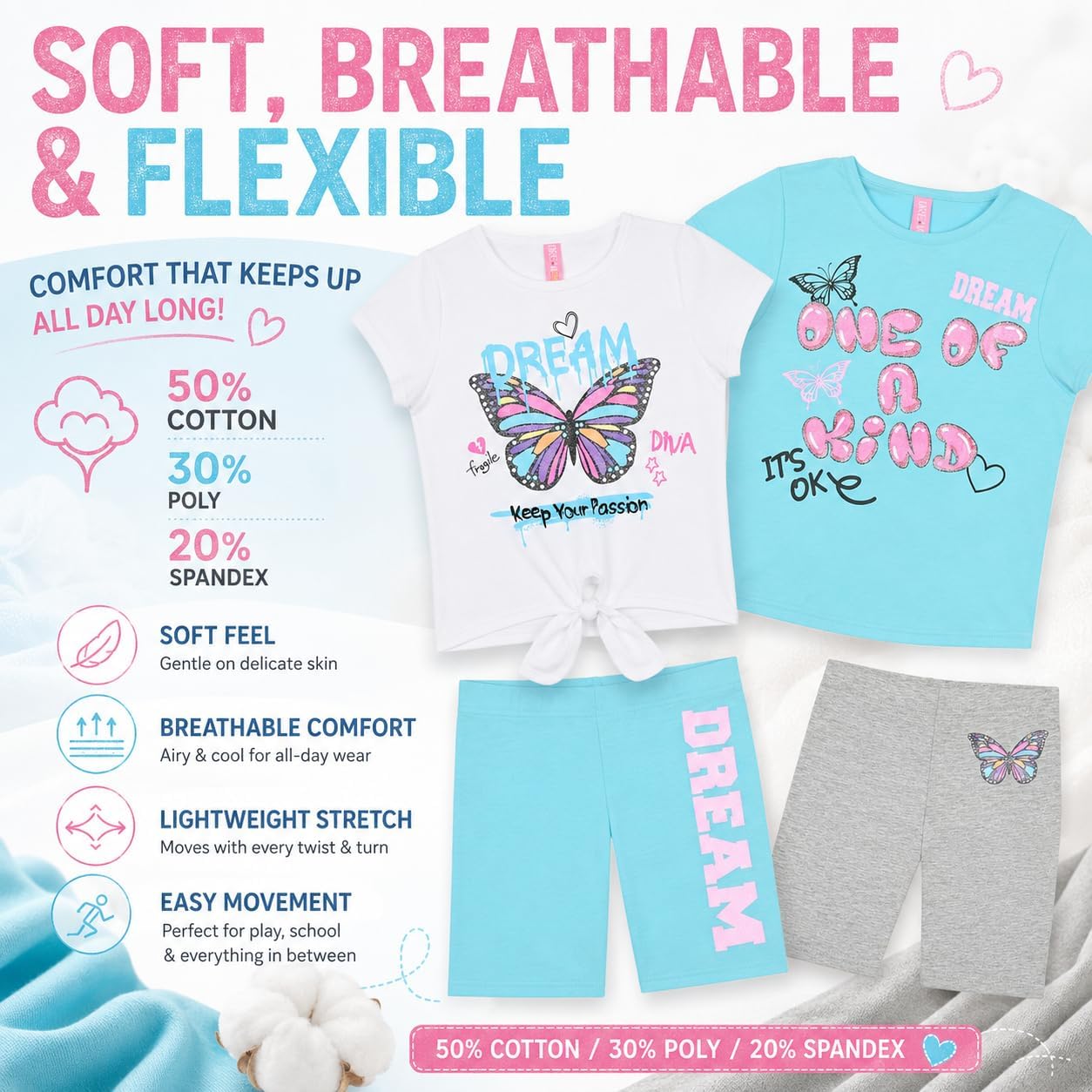 Dreamstar Girls 4 Piece Outfit Set – Short Sleeve Blouse Tops, Scooter Skirt Shorts Mix and Match Summer Clothing Set