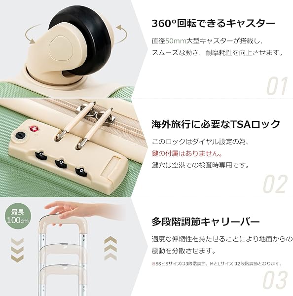 BTM スーツケース キャリーケース 機内持ち込み 軽量 Sサイズ かわいい おしゃれ キャリーバッグ TSAロック搭載 小型 2日 3日 1 suitcase T8088 トラベルハウス目玉 静音 ライトグリーン×ベージュ - 5