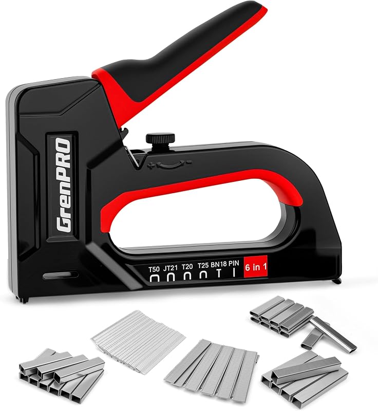 GRENPRO Grapadora para Madera, Clavadora Brad Manual 6 en 1 con 5000 Grapas | Pistola Grapadora de Tapicería para Madera, Material de Fijación, Decoración, Carpintería, Manualidades DIY, Muebles