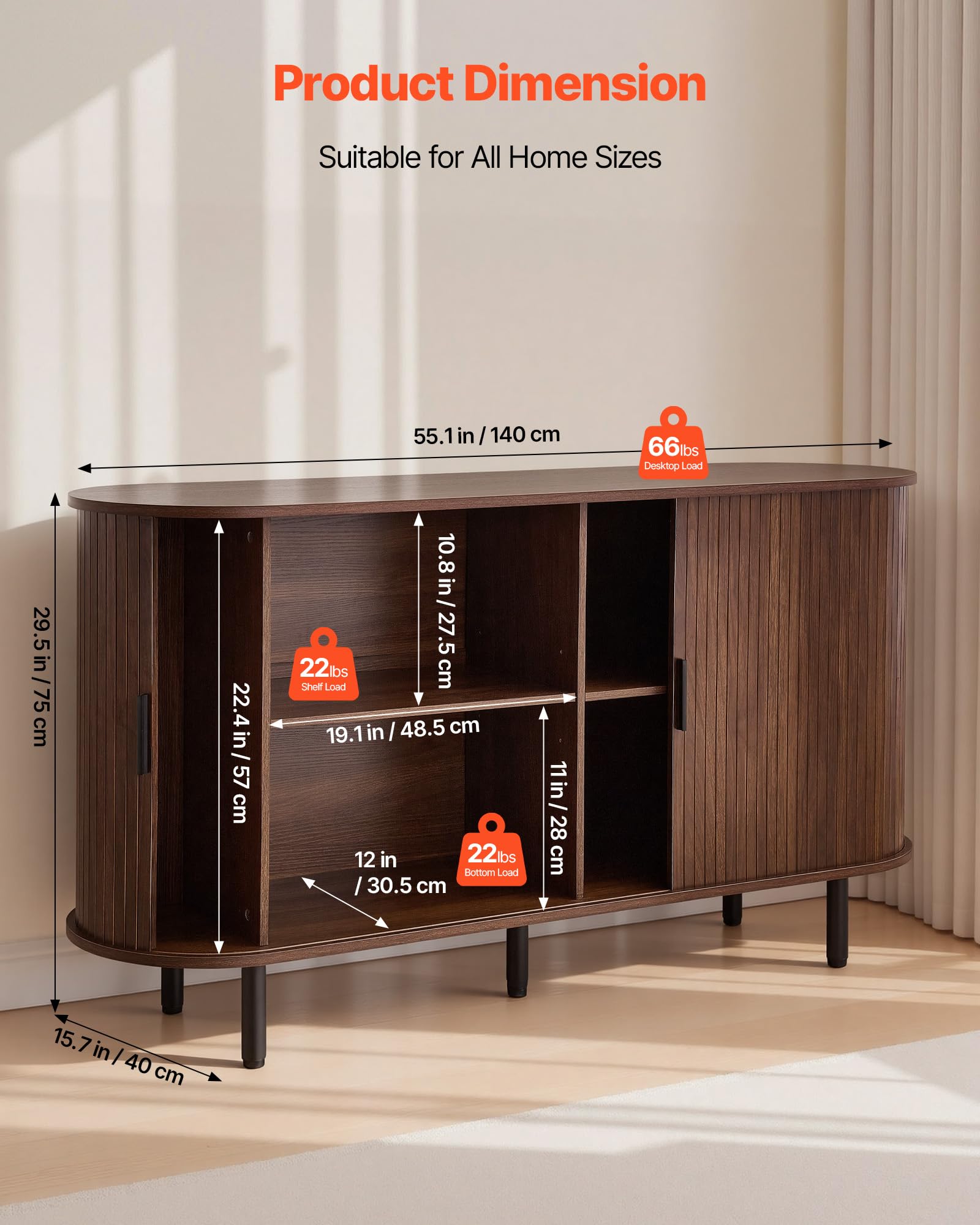 VEVOR Armadietto Organizzatore da Salotto con 2 Ante Scorrevoli, Credenza in Stile Medievale per Soggiorno, Ingresso, Mobile Contenitore da 140 x 40 x 75 cm, Credenza da Cucina in Noce