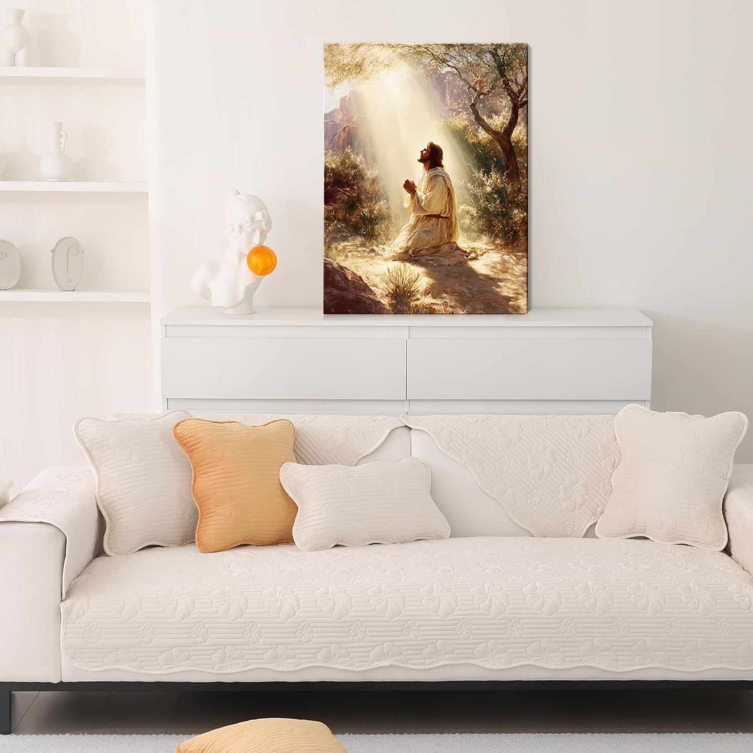Jesus Prayers Canvas Wall Art God Divine Mercy Portrait Tranquility Painting Picture Wall Decor Jesus Praying in the Garden of Gethsemane Poster Prints for Bedroom Church Home Decoration 12x16 Framed