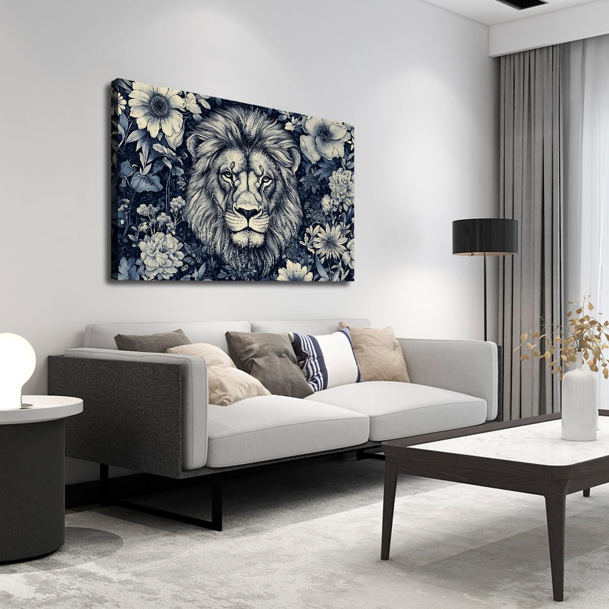 Arte mural León floral en lienzo Azul oscuro Decoración botánica 65x100cm