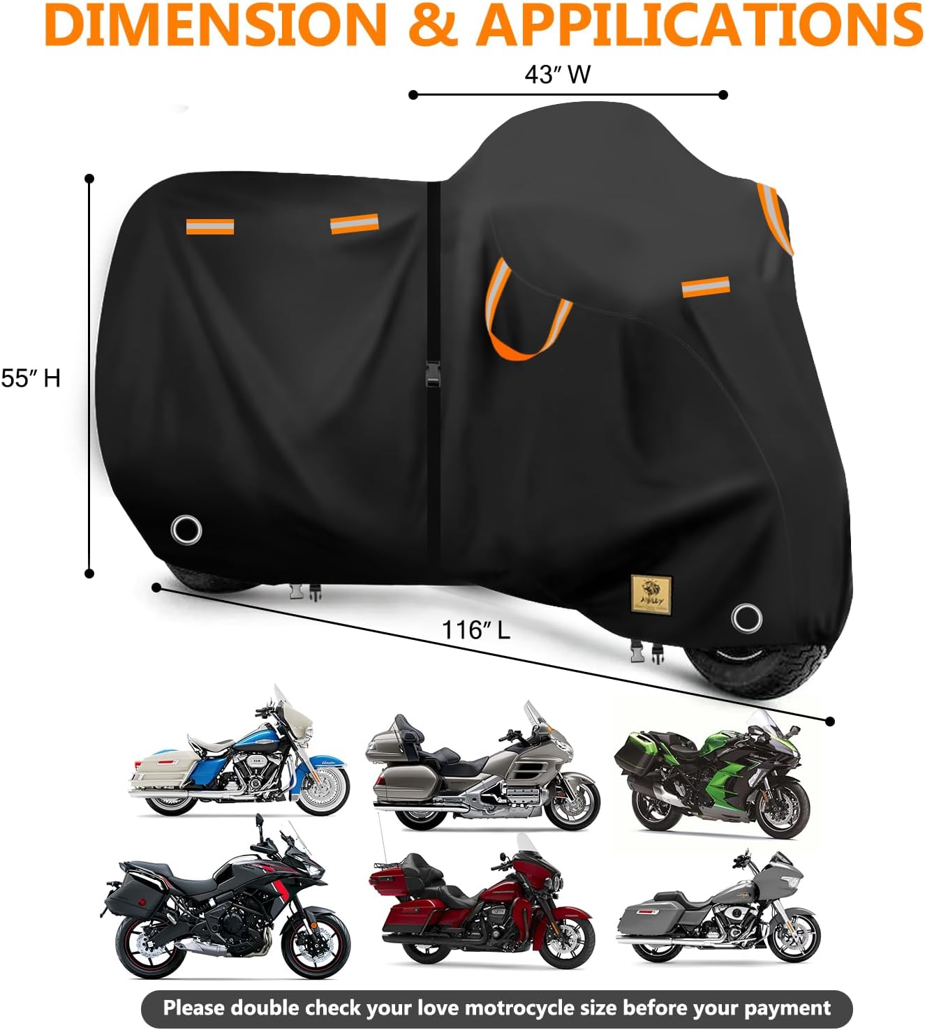 AIBIELY 116" Motorcycle Cover Storage Waterproof Outdoor,Heavy Duty Tearproof Durable Anti-UV Polyester,Weatherproof Scooter Moped Bike Covers Accessories,Fit for Honda,Yamaha, Kawasaki,Harley