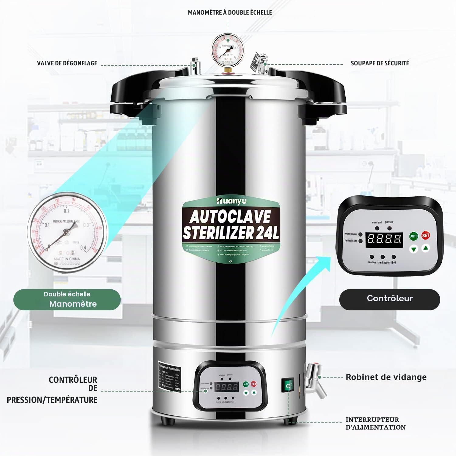 Huanyu Autoclave 24L Autoclave automatique à vapeur Autoclave électrique de laboratoire à contrôle intelligent Température et temps réglables Stérilisateur à vapeur à haute pression