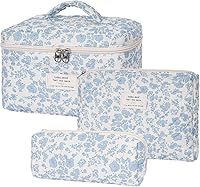 SXS LACONIC Quilted Makeup Bag Set: 3 Large Coquette Floral Cosmetic Pouches, Travel Toiletry Bags for Women