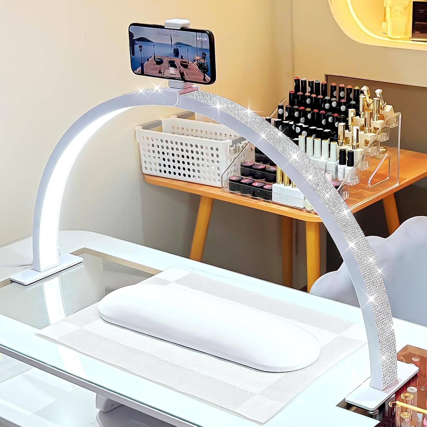 Large 29-inch Half Moon Light for Nail Desk,48W Lamp for Nail Desk with Hand Pillow and Phone Holder, Nail Desk lamp Pink for lash Eyelash Extension,Color Temperature 3000K-6000K (White)