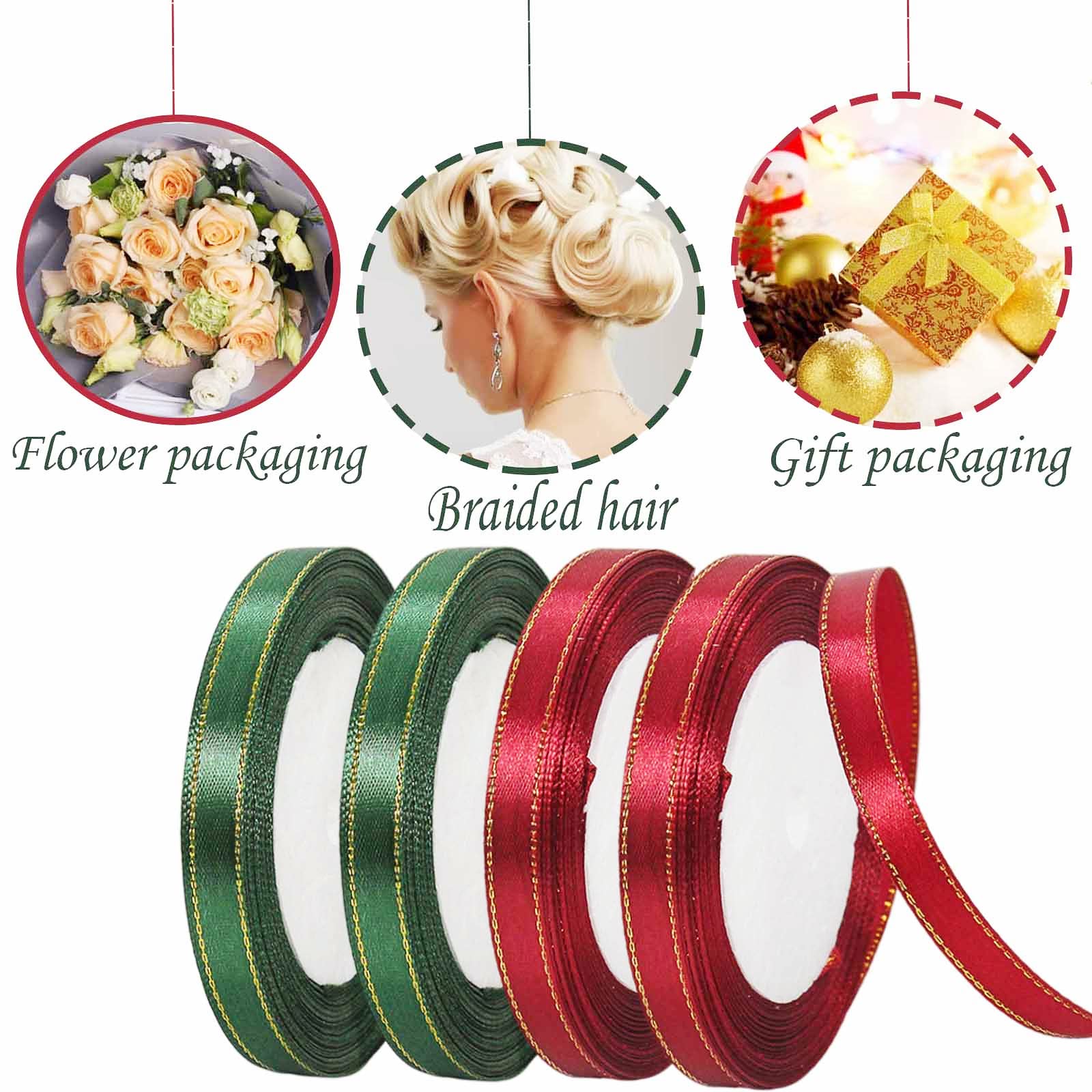 YAAVAAW 4 Rolls Burgundy Red, Dark Green Ribbon 10mm for Christmas Gift Wrapping 22M - Image 3