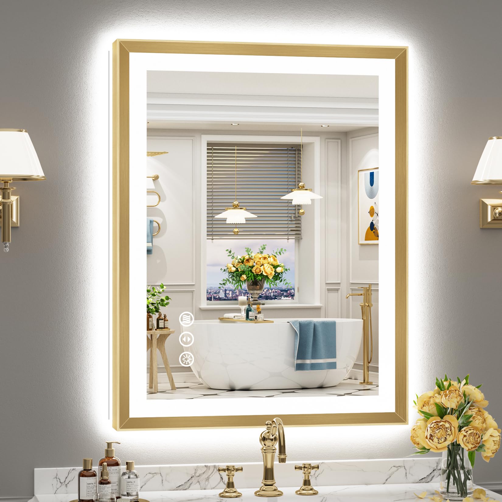 28x36 Gold Beveled LED Lighted Bathroom Mirror, Backlit &amp; Front Lit