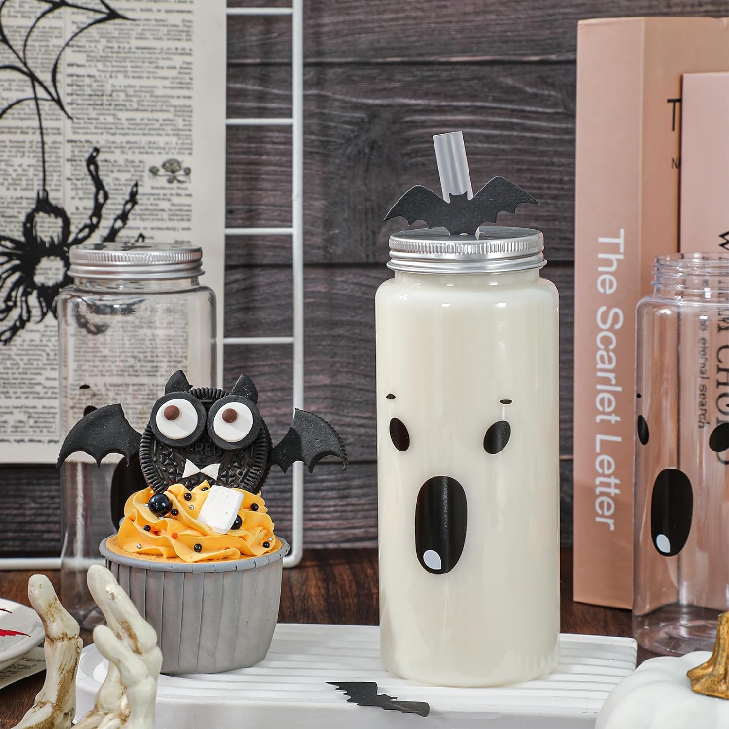 JarThenaAMCS 20 Pcs Halloween Plastic Cups with Lids and Straws Bat Ghost Drinking Cups Bulk for Hot Cold Beverage Holiday Birthday Party Decorations, 14 Oz