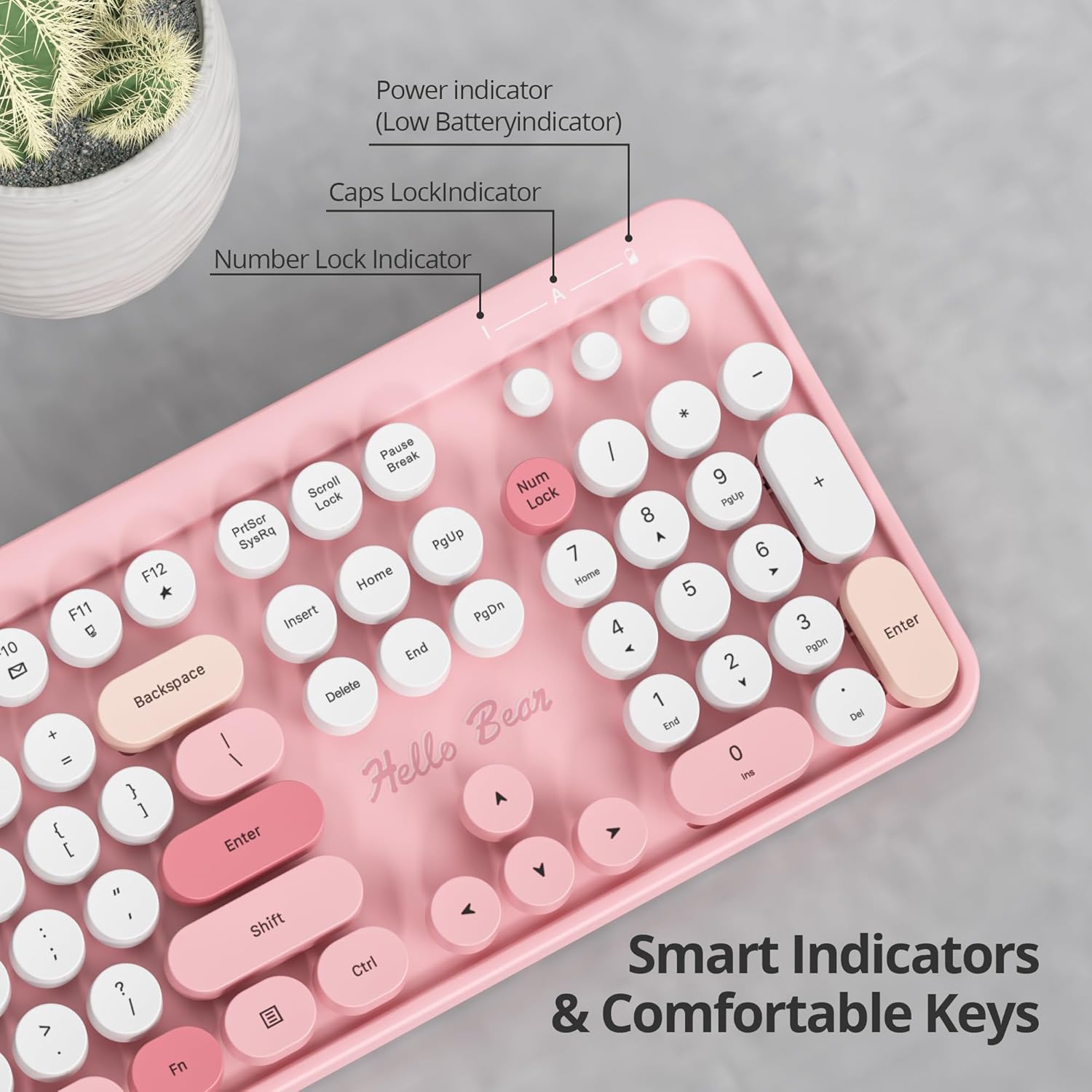 2.4G Colorful Keyboard, 104 Key Pink Wireless Customized Membrane Round Keycaps Retro Typewriter Office Keyboard for PC/Mac/Laptop/Tablet/Computer Windows (Pink)