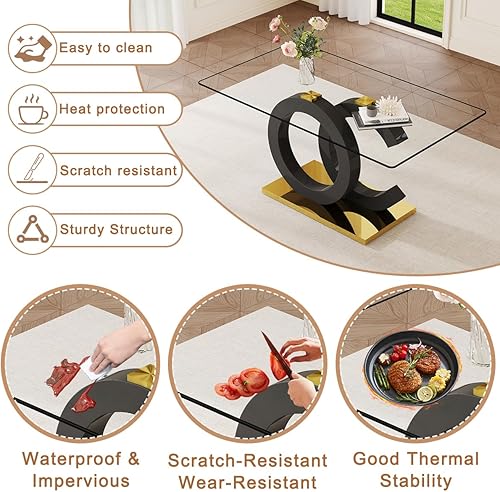 Miniatura 5 de Juego de mesa de comedor de cristal para 6, parte superior de vidrio templado de 63 pulgadas con patas brillantes en forma de OC y base de acero