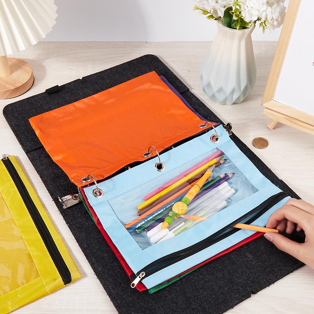CRASPIRE 6Pcs 6 Colors Zippered Pencil Pouches Mixed Color for 3 Ring Oxford Cloth Pen Bags Cases Pouch Box Cosmetic Bags with Clear Window for Pencil Storing School Teacher Supplies Stationery - Image 3