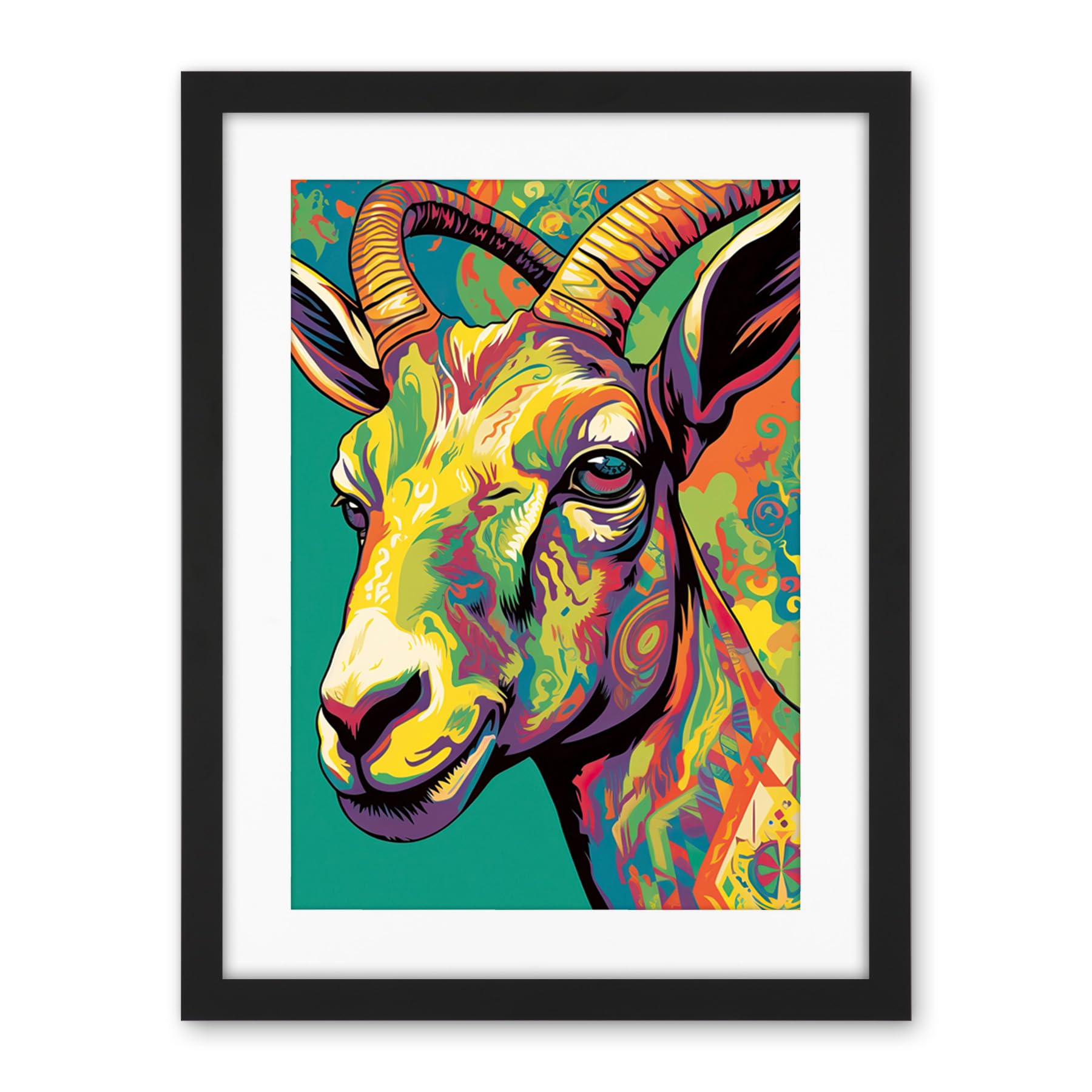 Artery8 The Trippy Goat Psychedelic Portrait Vibrant Colourful Patterns Modern Pop Art Artwork Framed Wall Art Print 18X24 Inch