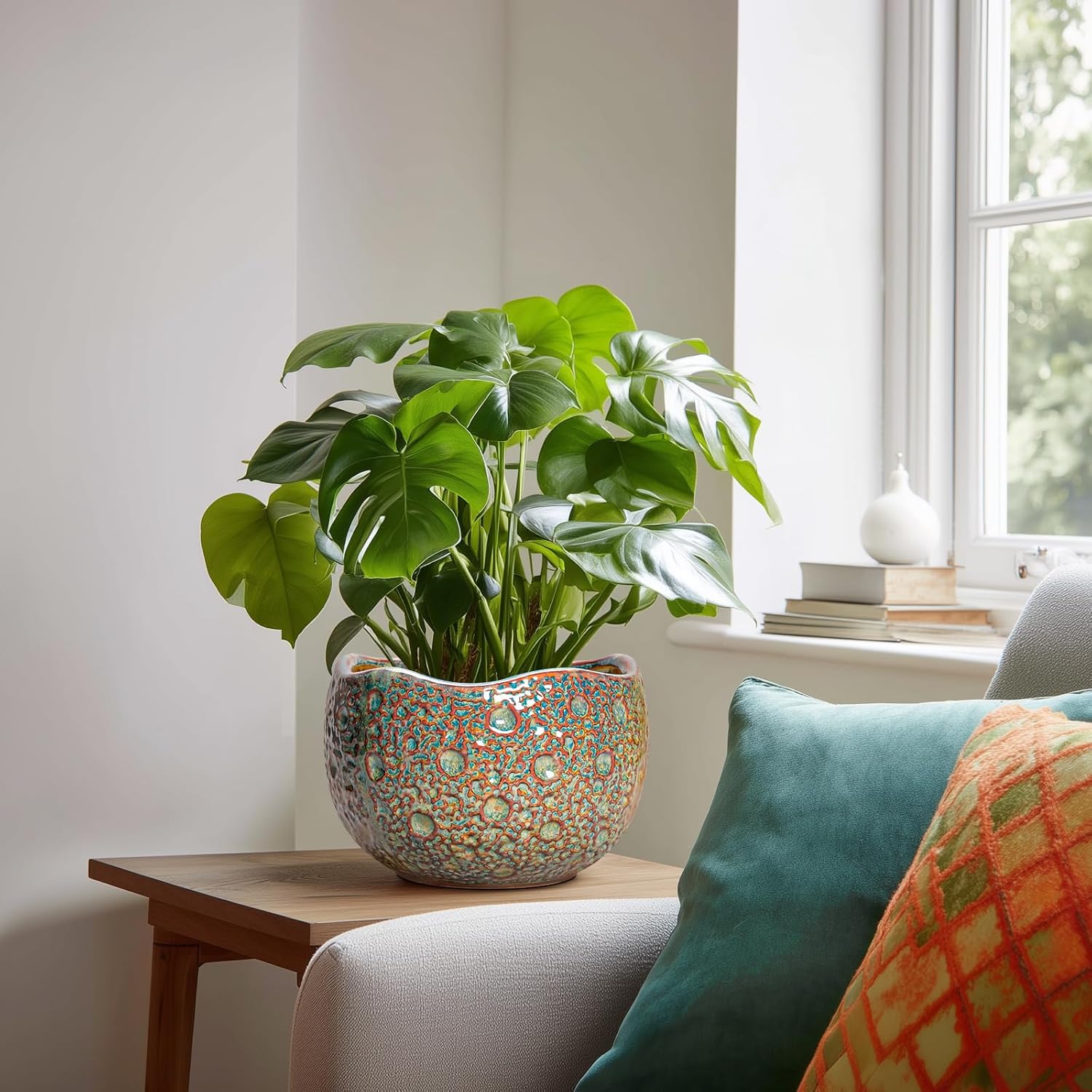 8 Inch Plant Pot - Ceramic Planter for Indoor Outdoor Plants, Unique Pots for Plants with Drainage Hole and Plug, Round Planter, Garden Decor, Gifts for Plant Lovers, Speckled-Brown