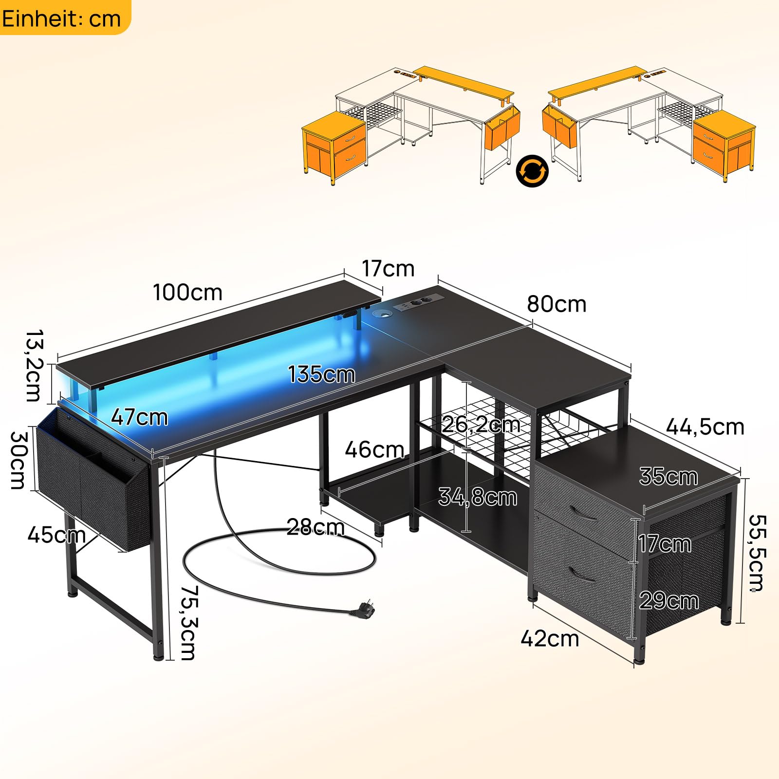 Seventable Schreibtisch L Form mit Ablageflächen, Gaming Tisch mit LED & Steckdosen, Computertisch mit Monitorständer für Homeoffice, Schlafzimmer, Wohnzimmer, Schwarz