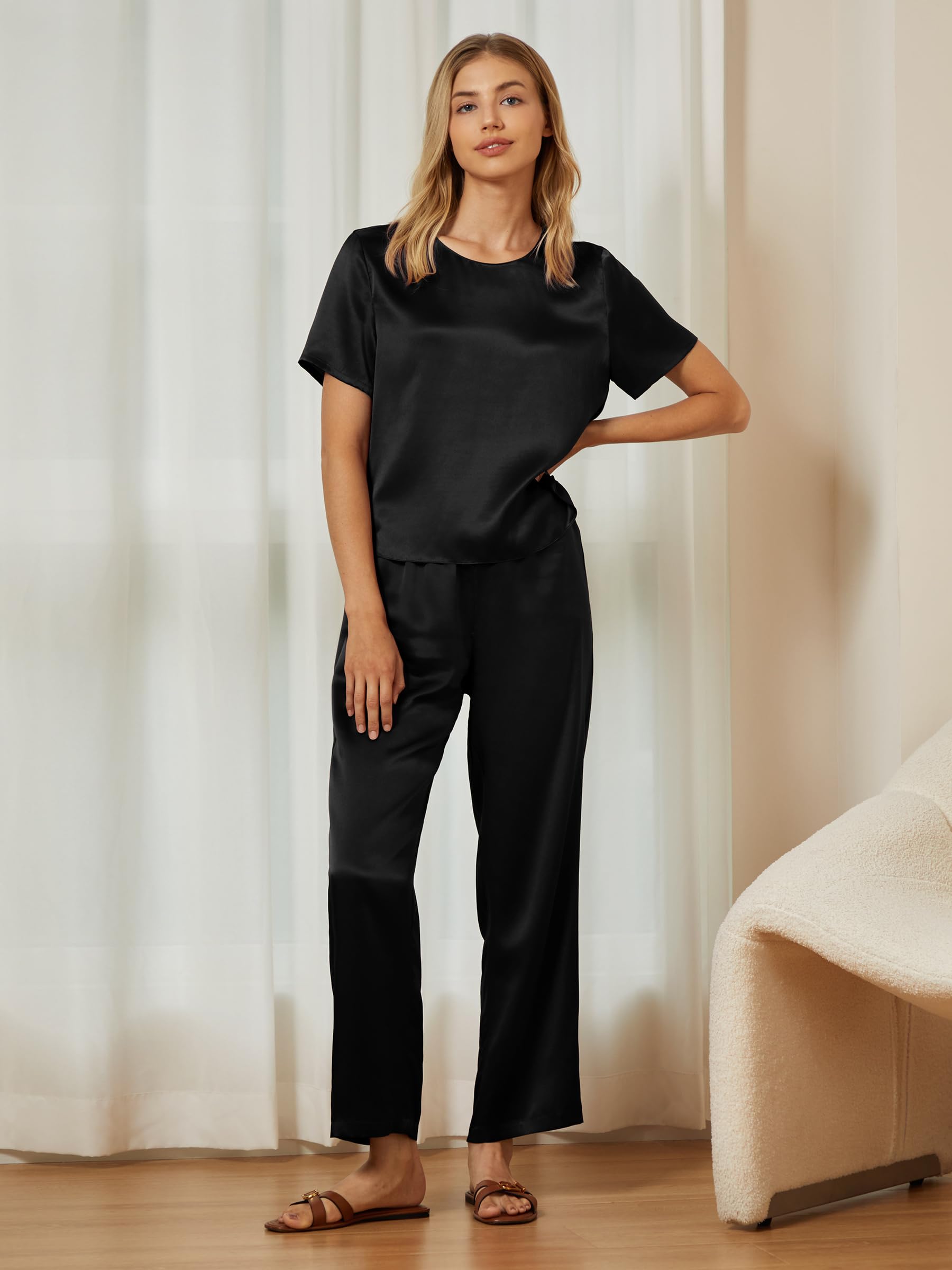 Mommesilk Seidenpyjama für Damen Pullover Oberteil und Hose 2-teiliges Seiden-Pyjama-Set waschbare Seiden-Nachtwäsche Loungewear