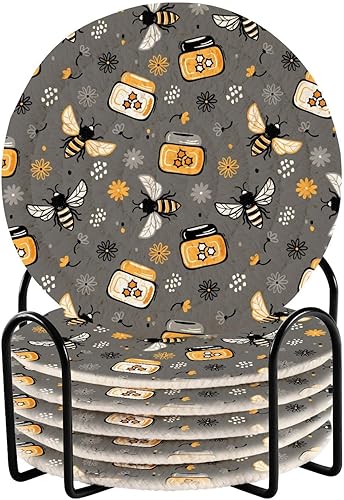 Floral Doodle Honey Jar Bees Flowers Coasters Coasters for Dining Table Set of 6 with Holder Minimalist Coasters