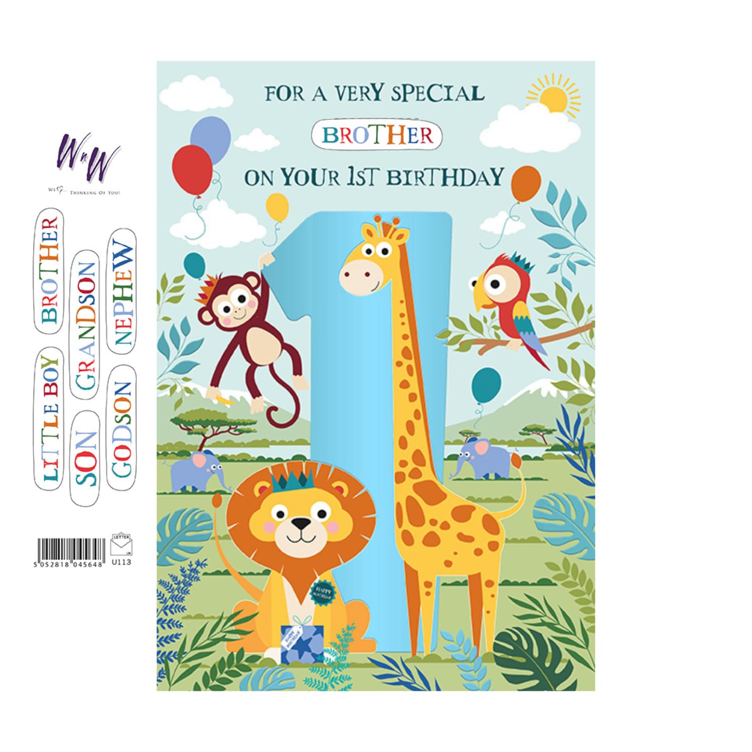 Words 'n' Wishes Boys 1st Birthday Card - Age 1 - Safari Animals with Foil Finish & Recipient Stickers for Very Special Little Boy, Brother, Son, Grandson, Godson or Nephew - Eco-Friendly