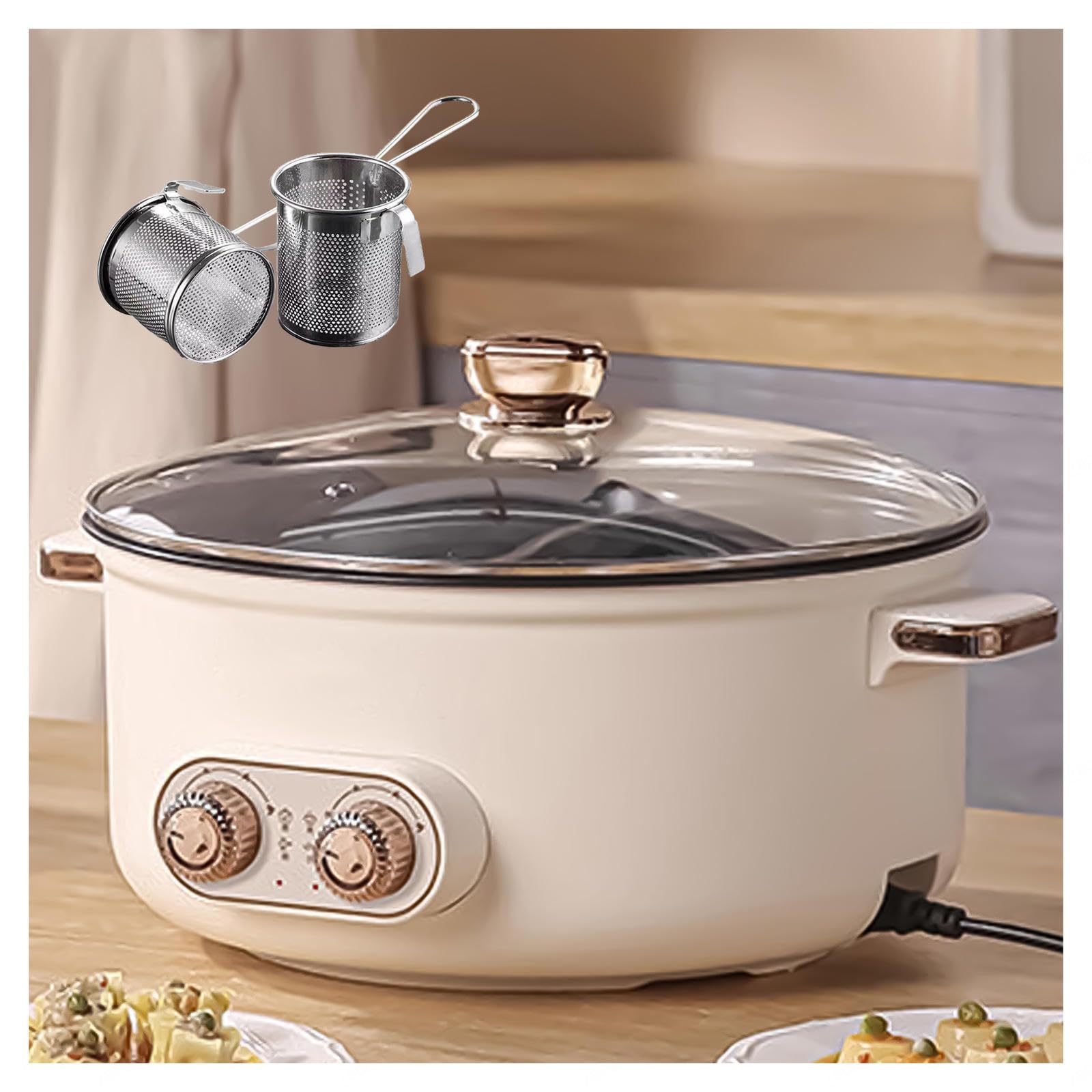 Fondue Chinoise Electrique, Double Interrupteur de Commande Coupure Automatique De L'Alimentation 1600 Watts Appareil Fondue, Convient Aux Petites FêTes (avec 2 Filets Non éTanches),5.5L