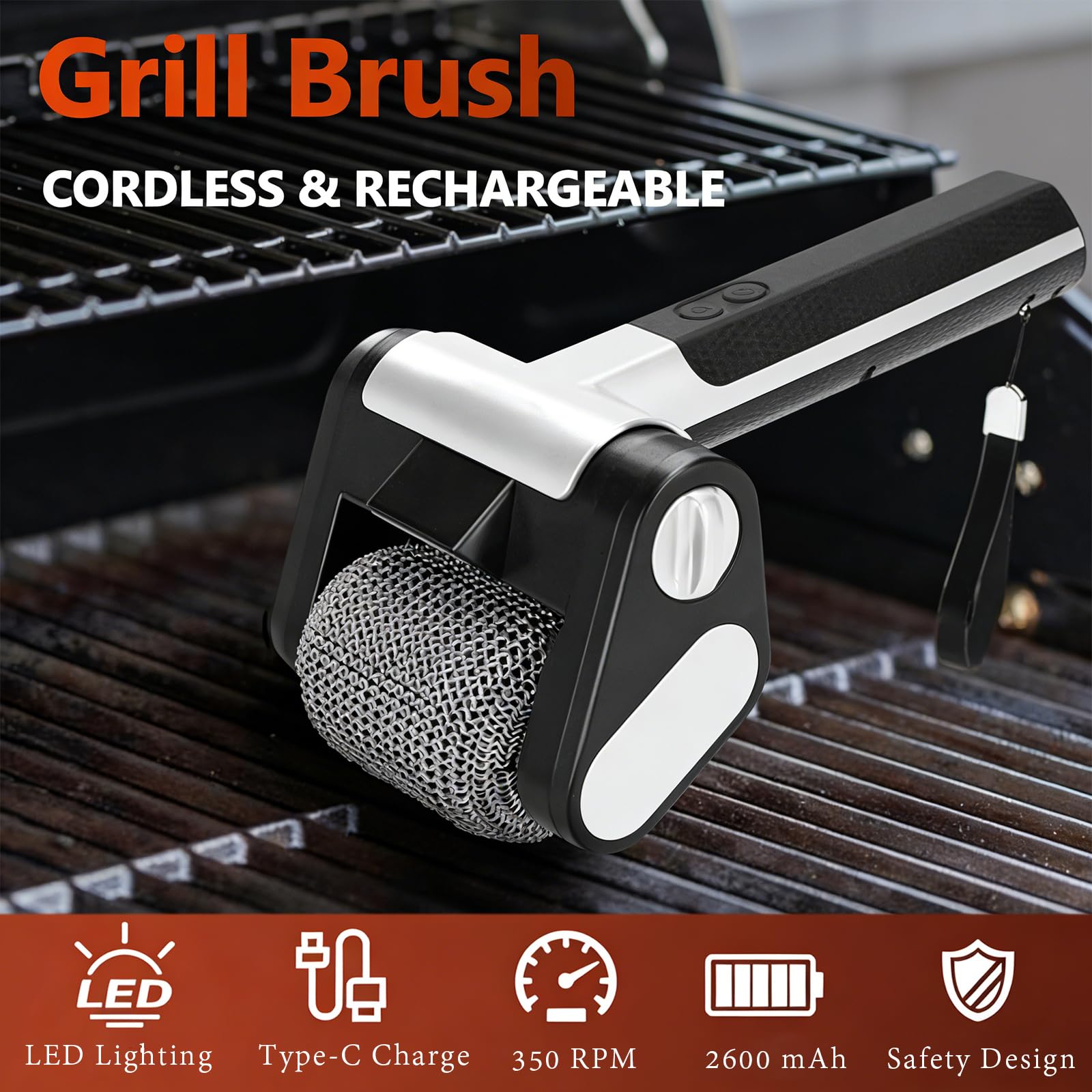 Cepillo eléctrico inalámbrico para parrilla, limpiador de barbacoa con luz LED, rodillo de acero inoxidable de 350 rpm, herramienta recargable sin cerdas para parrillas de carbón de gas al aire libre