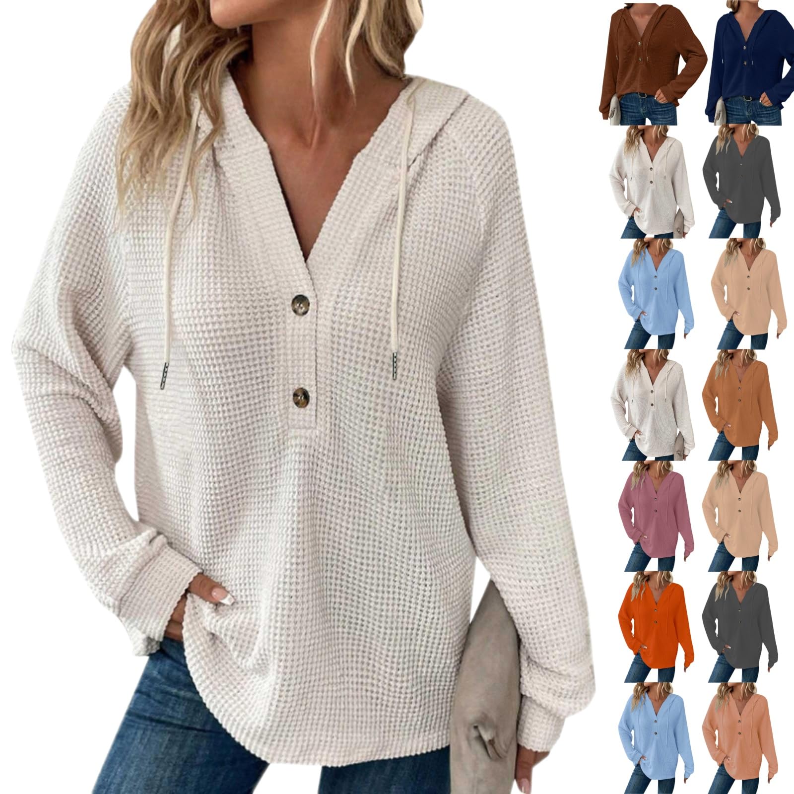 GenericHoodies for Women UK Waffle Knit Drawstring Button V Neck Solid Pullover Sweatshirt Casual Long Sleeve Plus Size Workout Fashion Hooded Sweater Tops