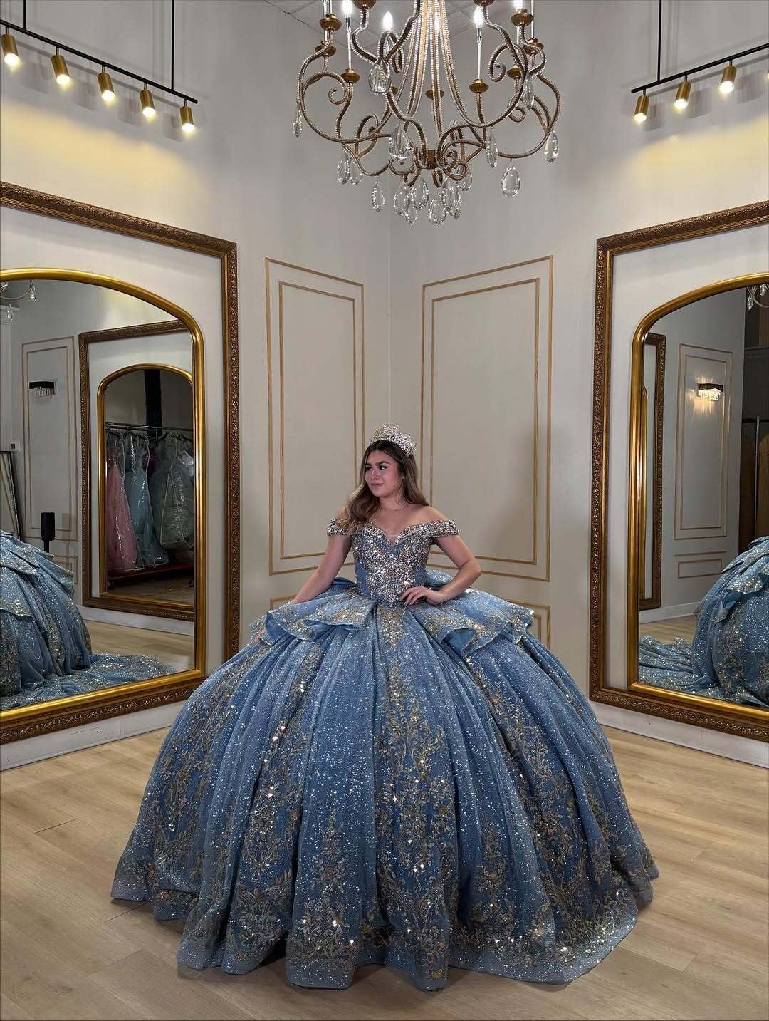 XYAYE Glitter Tulle Quinceanera Dresses with Big Bow Gold Lace Off Shoulder Sweet 16 Dresses Puffy Beading Applique Ball Gown