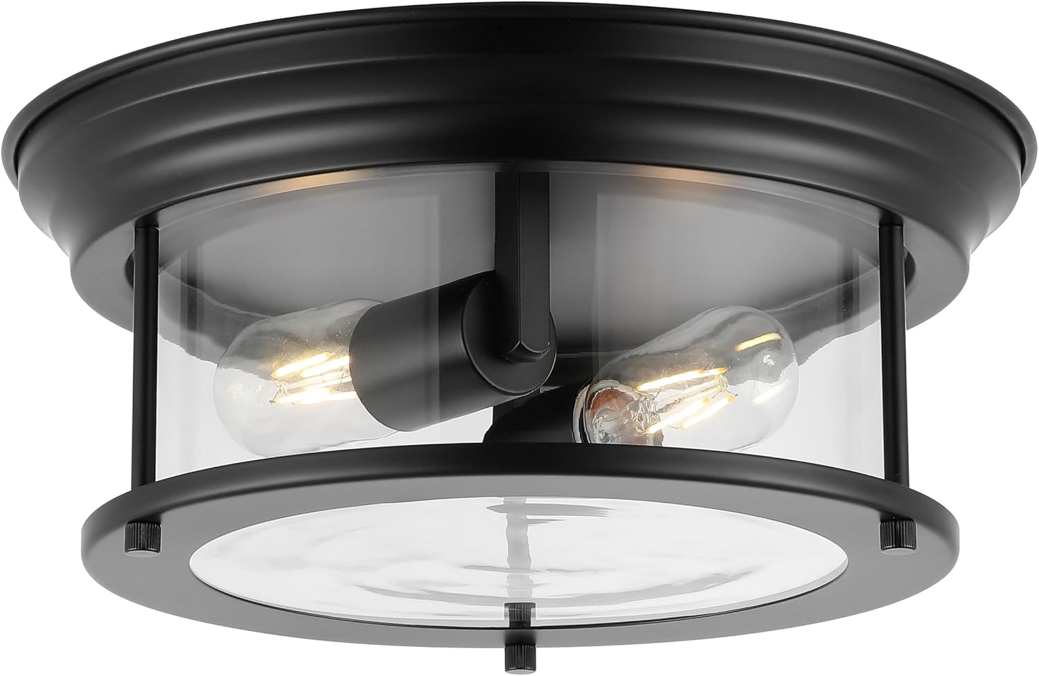 JONATHAN Y 13.25" Black 2-Light LED Flush Mount Ceiling Light Fixture, Modern Clear Glass Drum Shade, Industrial Farmhouse Lighting for Kitchen Hallway Bedroom (JYL7446D)