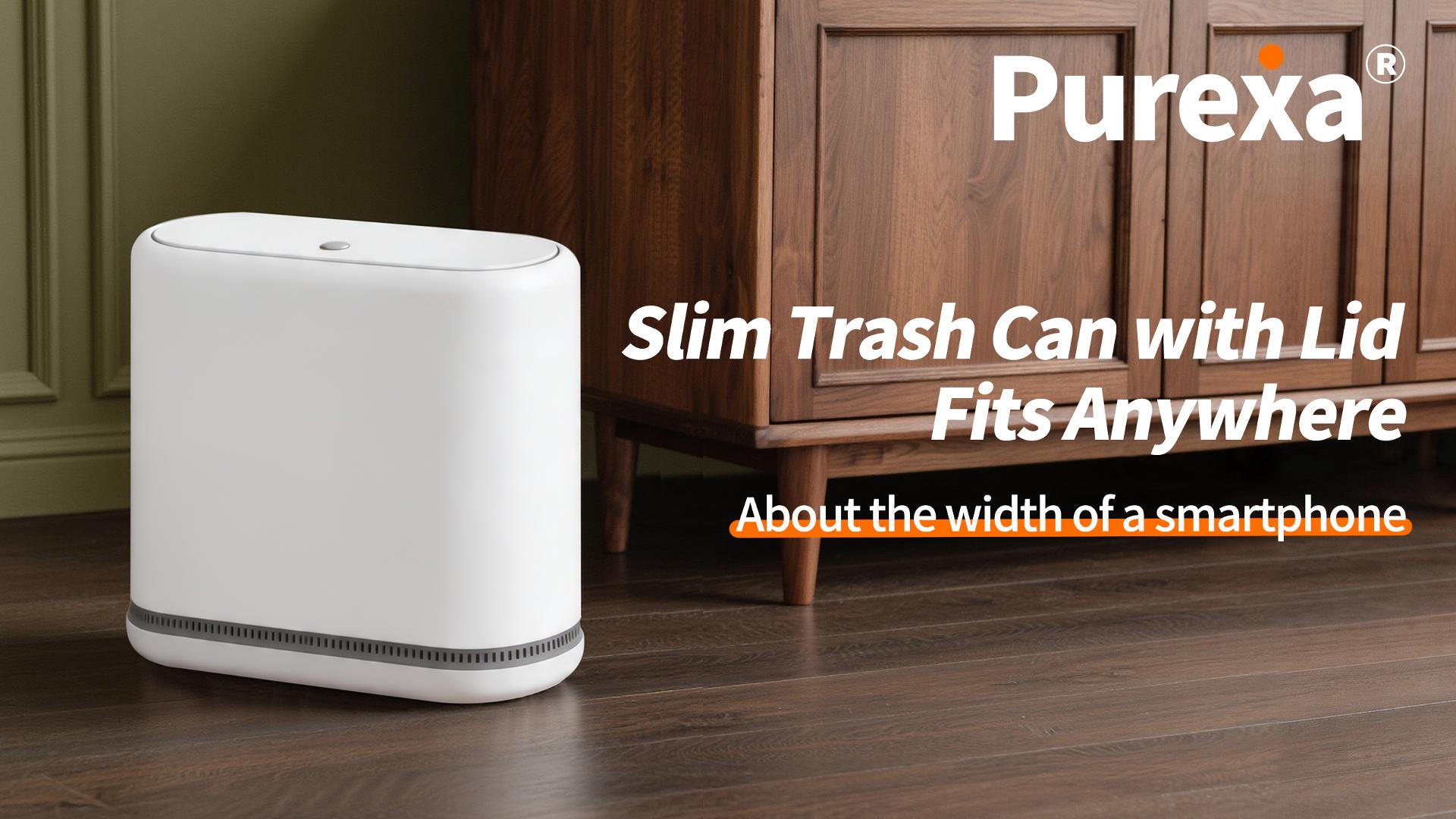 Image of Small Bathroom Trash Can with Lid, 2.3 Gallon Slim Trash Can, Narrow Garbage Can with Hidden Liner & Auto-Smooth Bag Fit, Press-to-Open Lid, White, for Bathroom, Bedroom, Office, Kitchen