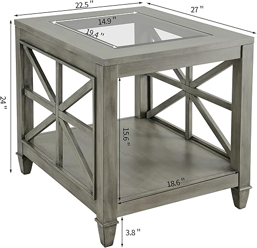 Miniatura 9 de LEEMTORIG Mesa auxiliar rústica grande con almacenamiento, mesas auxiliares de granja con vidrio templado para sala de estar, mesa auxiliar cuadrada
