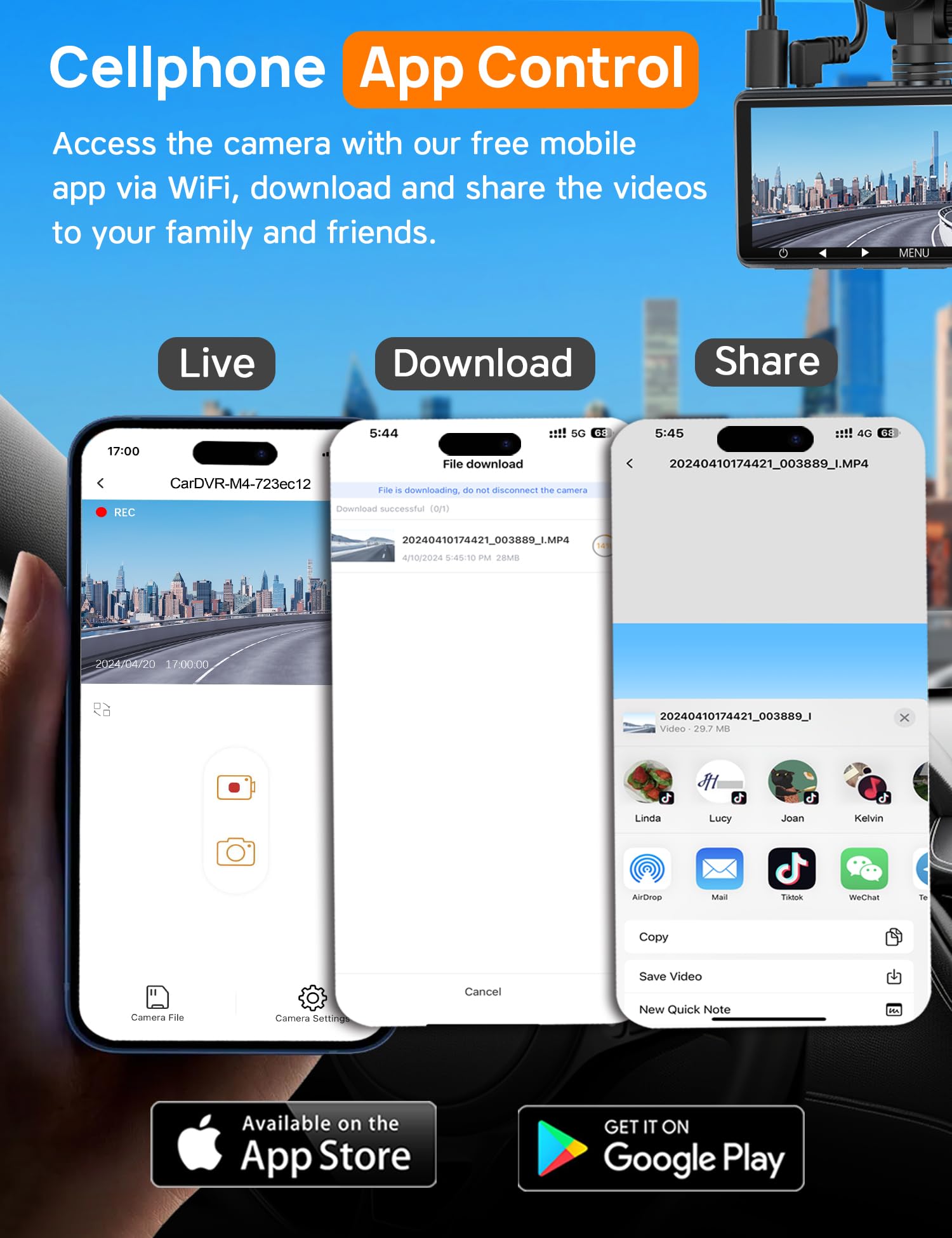 Icesky Three Channel Dash Cam Front and Rear Inside with WiFi 6, Triple Way 2.5K, 4K+2.5K Dual Dash Camera for Cars Front and Rear/Inside, Car Dashcams with 64GB Card, 24H Parking Mode, App Control