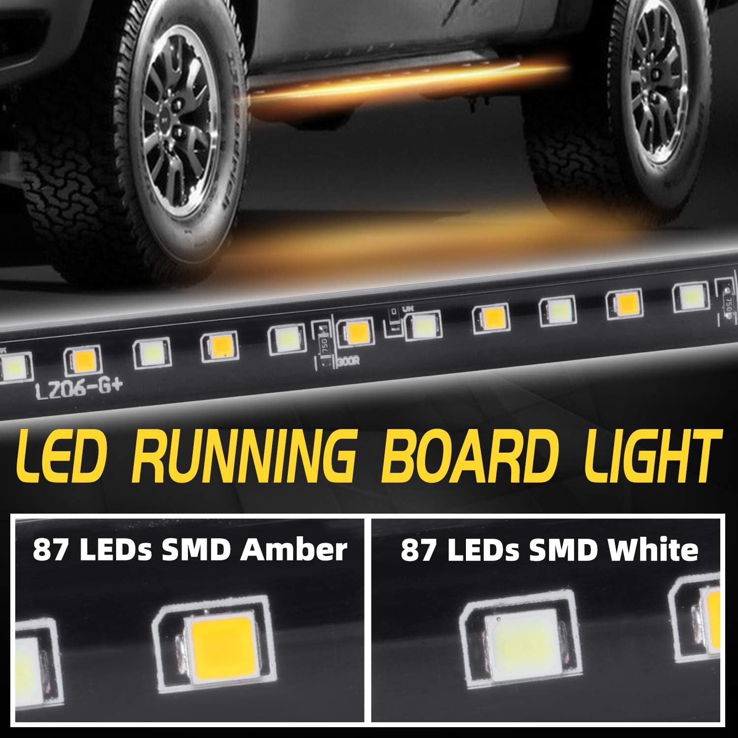 2PCS 70inch IP68 Truck LED Board Running Lights Side Marker Flexible Step Strip Lights White & Amber Turn Signal Combo Kit (IP68)