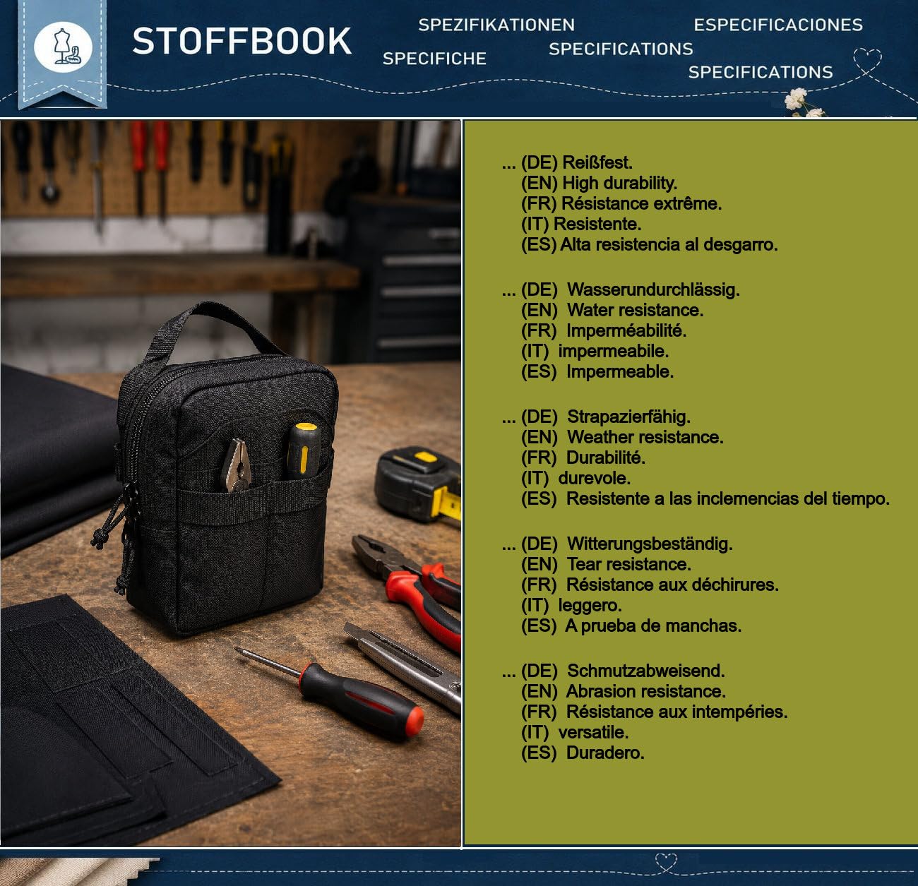 Stoffbook Tela de nailon 600D, 100 x 145 cm, extra resistente, bolsillos (azul oscuro-100 cm)