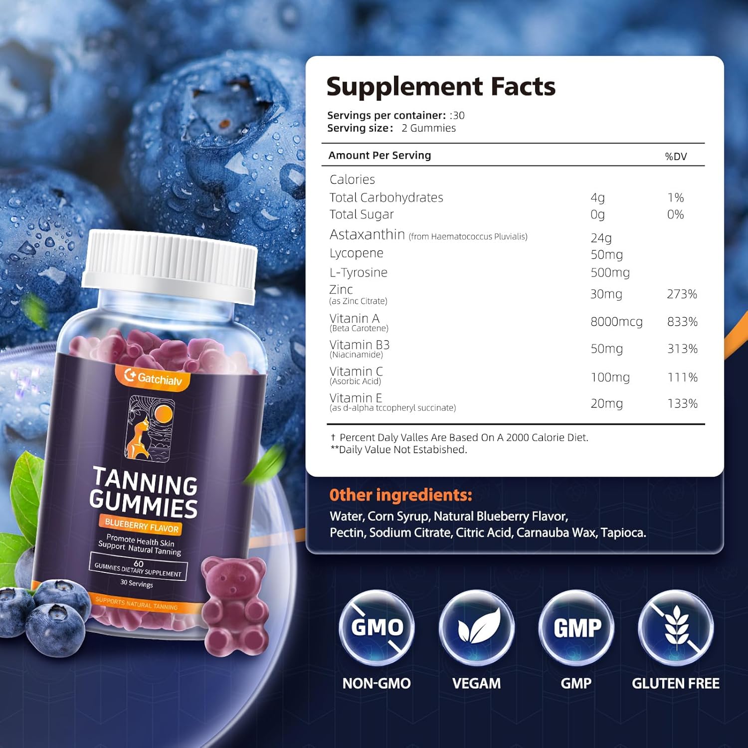 Tanning Gummies - Self Tan Bronzing Supplement that Work Without Sun - No Sugar Vegan with Astaxanthin Lycopene Beta Carotene and Vitamins-60 Count - Image 2