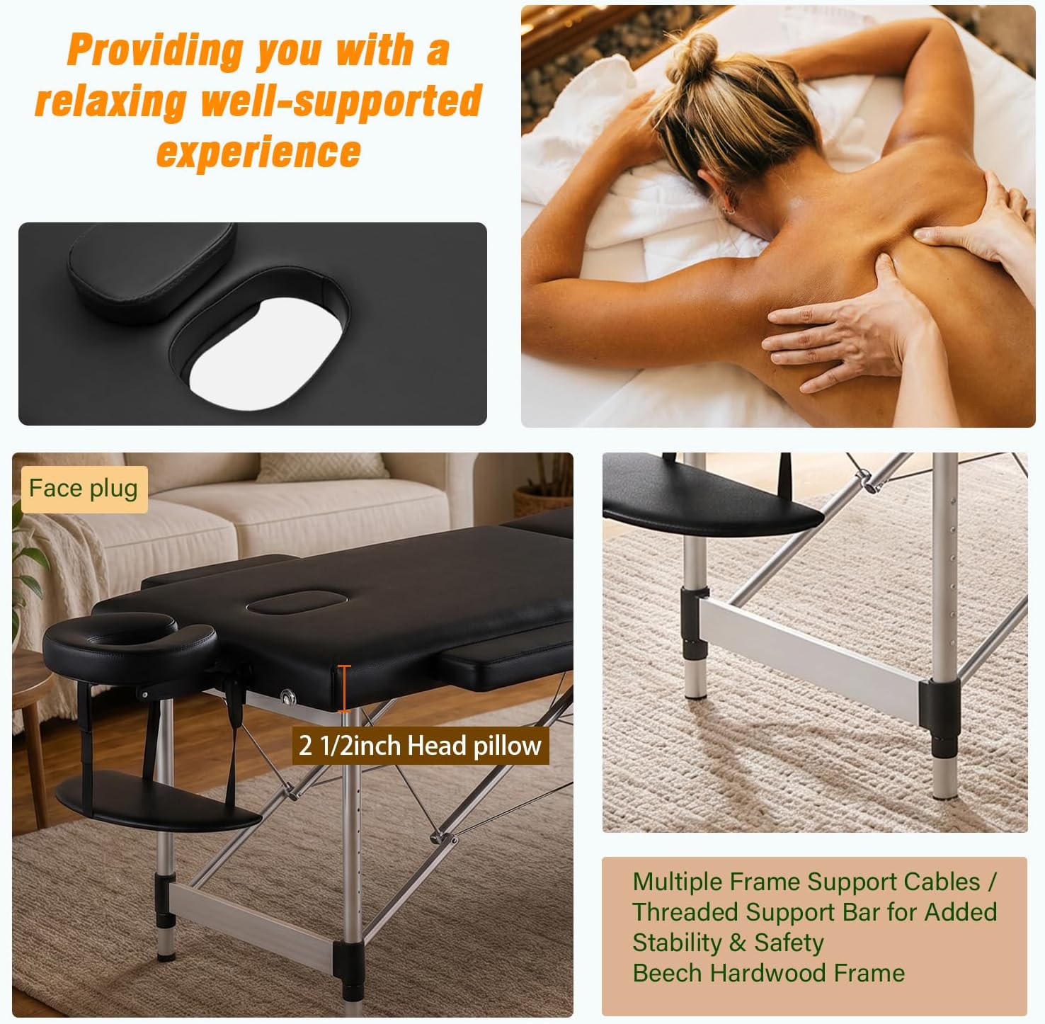 Gaussen Portable Massage Table w/Neck Stretcher, 84 inch Sturdy Foldable Massage Bed Facial Bed Tattoo Table Adjustable Lash Bed Esthetician for Beauty Tattoo (Aluminum, Black-2 Folding)